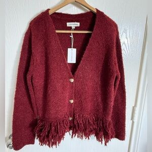 NWT Lucky Brand Burgundy Fringe Cardigan L